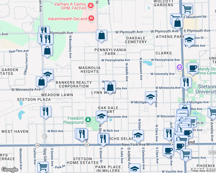 map of restaurants, bars, coffee shops, grocery stores, and more near 617 West Minnesota Avenue in DeLand