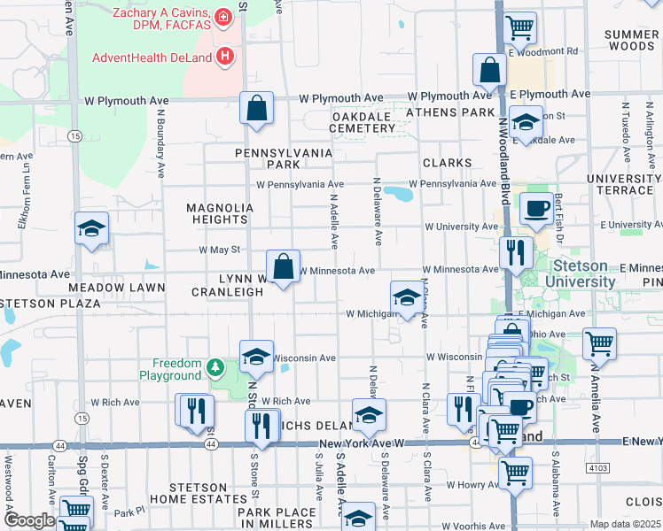 map of restaurants, bars, coffee shops, grocery stores, and more near 505 West Minnesota Avenue in DeLand