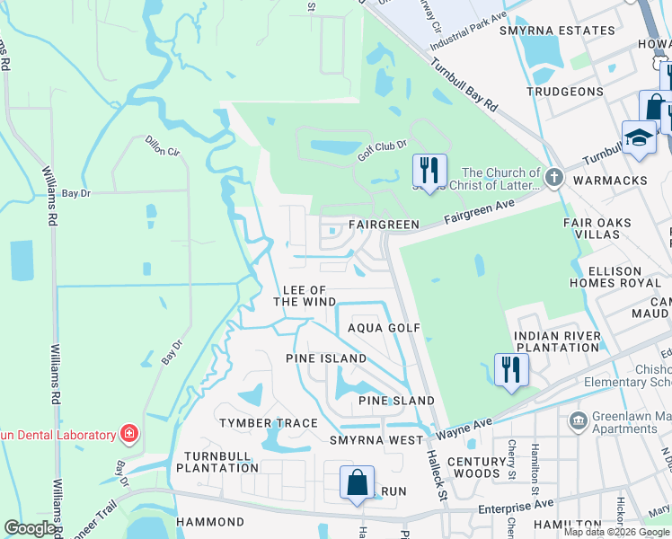 map of restaurants, bars, coffee shops, grocery stores, and more near 33 Sandra Circle in New Smyrna Beach