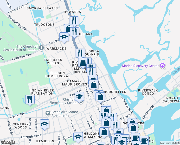 map of restaurants, bars, coffee shops, grocery stores, and more near 715 North Dixie Freeway in New Smyrna Beach