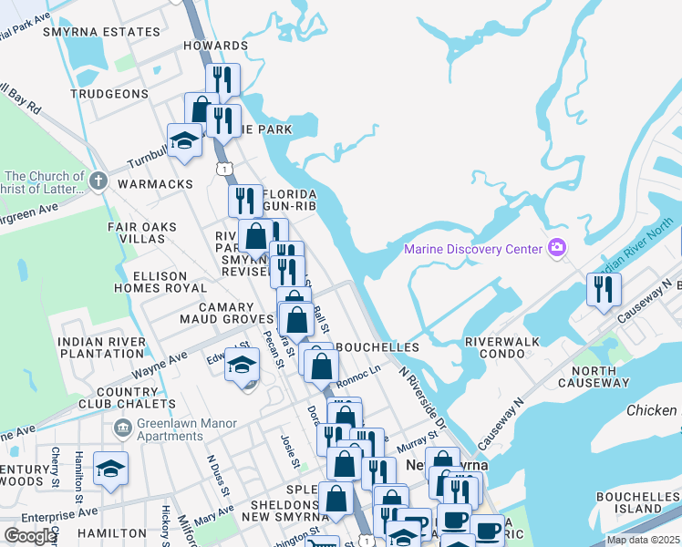 map of restaurants, bars, coffee shops, grocery stores, and more near 101 Wayne Avenue in New Smyrna Beach
