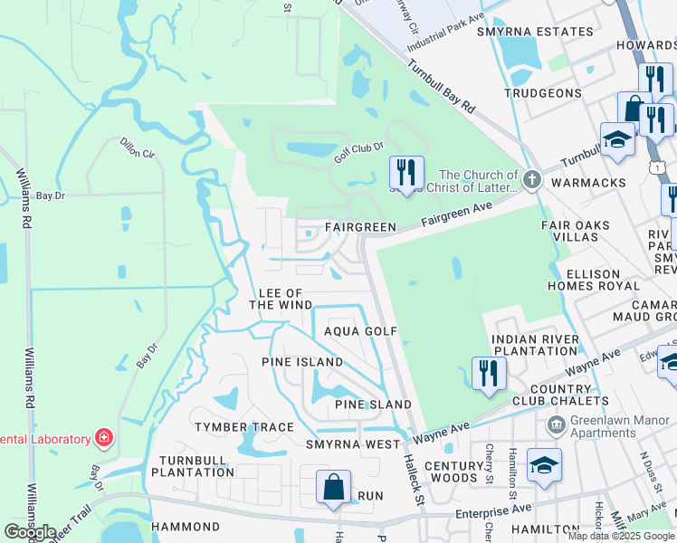 map of restaurants, bars, coffee shops, grocery stores, and more near 20 Birdie Drive in New Smyrna Beach