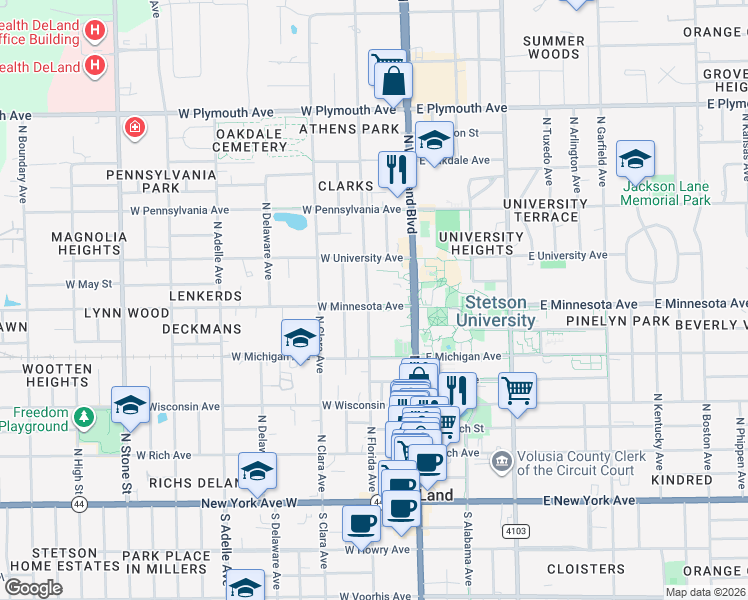 map of restaurants, bars, coffee shops, grocery stores, and more near 201 West Minnesota Avenue in DeLand