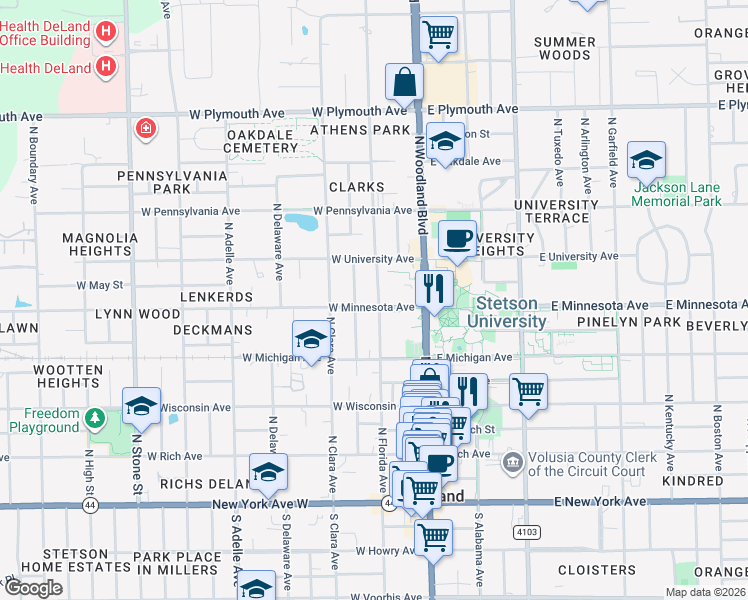 map of restaurants, bars, coffee shops, grocery stores, and more near 201 West Minnesota Avenue in DeLand