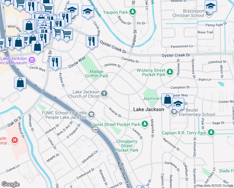 map of restaurants, bars, coffee shops, grocery stores, and more near 416 Winding Way Street in Lake Jackson