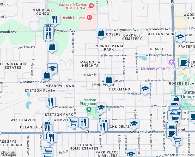 map of restaurants, bars, coffee shops, grocery stores, and more near 701 West Minnesota Avenue in DeLand