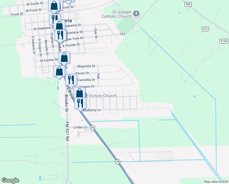 map of restaurants, bars, coffee shops, grocery stores, and more near 303 Avenue F in Brazoria