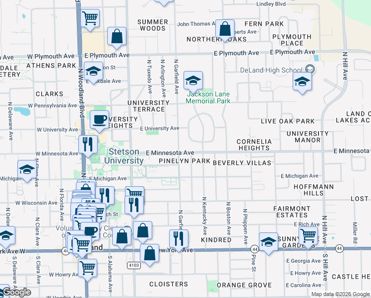 map of restaurants, bars, coffee shops, grocery stores, and more near 503 East Minnesota Avenue in DeLand