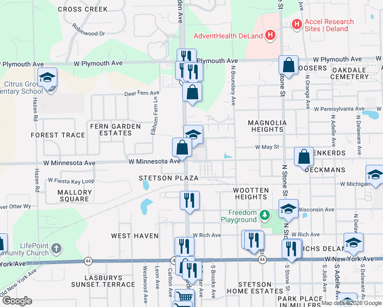 map of restaurants, bars, coffee shops, grocery stores, and more near 1025 West Minnesota Avenue in DeLand