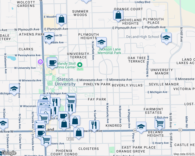 map of restaurants, bars, coffee shops, grocery stores, and more near 503 East Minnesota Avenue in DeLand