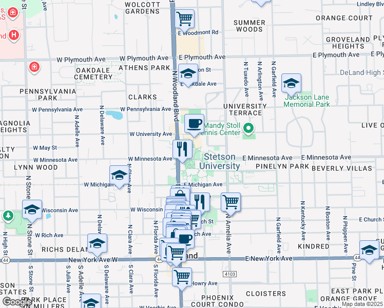 map of restaurants, bars, coffee shops, grocery stores, and more near 421 North Woodland Boulevard in DeLand