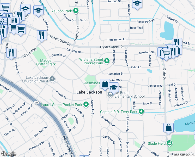 map of restaurants, bars, coffee shops, grocery stores, and more near 101 Narcissus Street in Lake Jackson