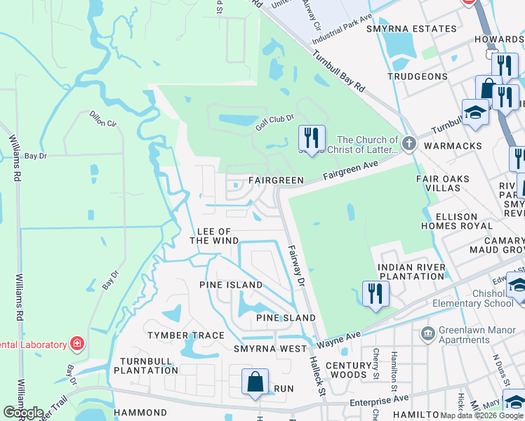 map of restaurants, bars, coffee shops, grocery stores, and more near 20 Birdie Drive in New Smyrna Beach