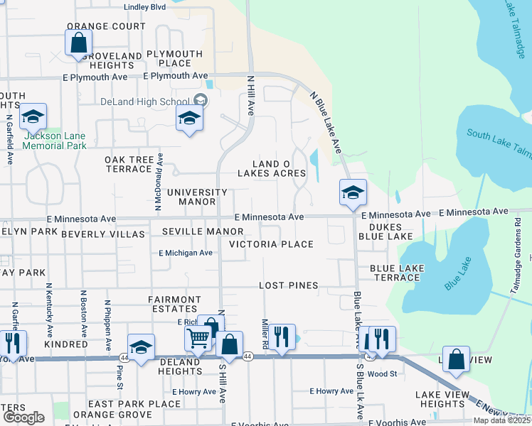 map of restaurants, bars, coffee shops, grocery stores, and more near 1235 East Minnesota Avenue in DeLand