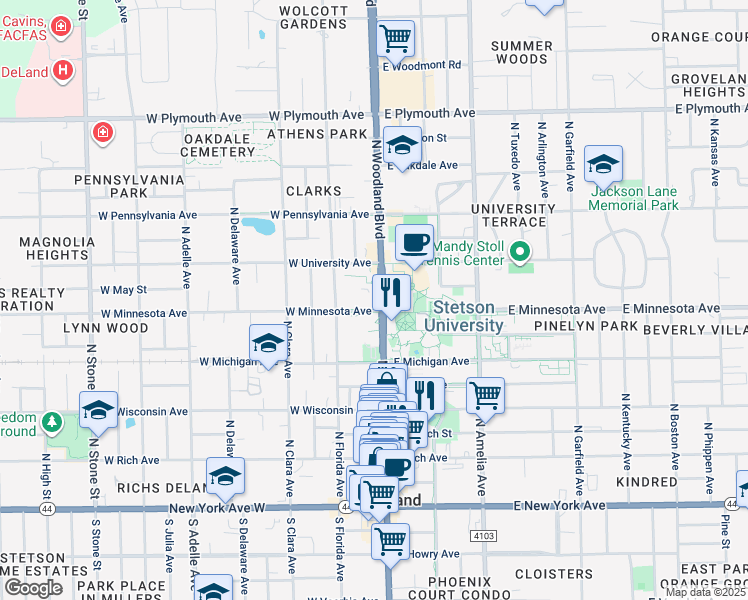 map of restaurants, bars, coffee shops, grocery stores, and more near 512 North Woodland Boulevard in DeLand
