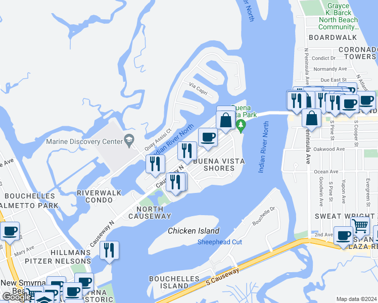 map of restaurants, bars, coffee shops, grocery stores, and more near 315 East Circle Drive in New Smyrna Beach