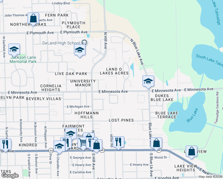 map of restaurants, bars, coffee shops, grocery stores, and more near 1235 East Minnesota Avenue in DeLand