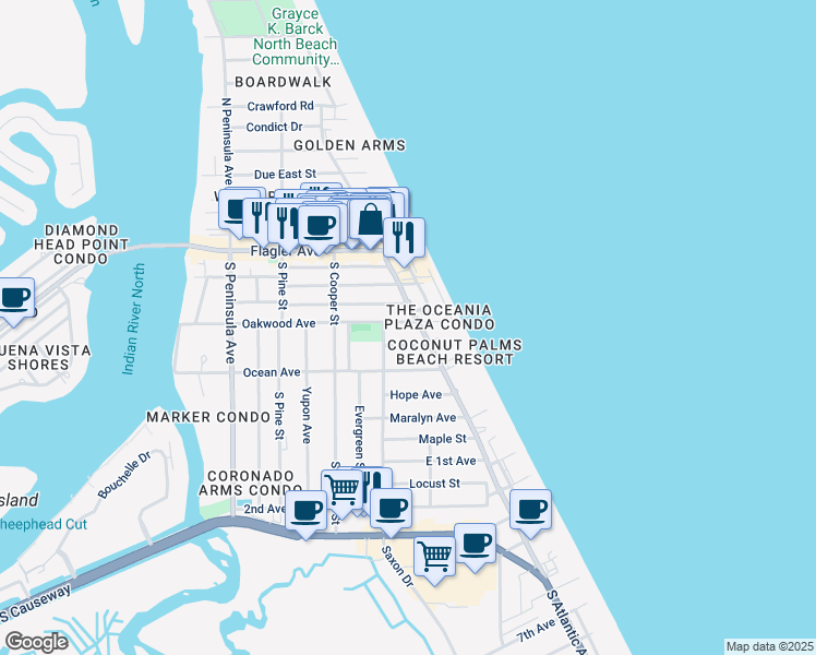 map of restaurants, bars, coffee shops, grocery stores, and more near 800 Carol Avenue in New Smyrna Beach