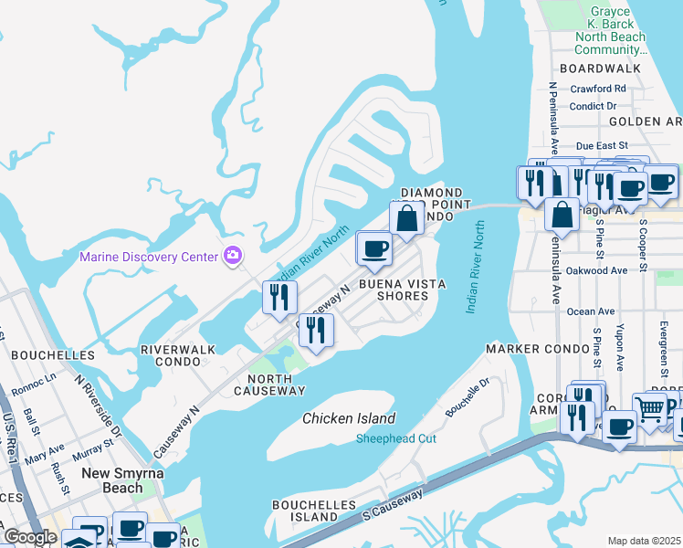 map of restaurants, bars, coffee shops, grocery stores, and more near 315 East Circle Drive in New Smyrna Beach