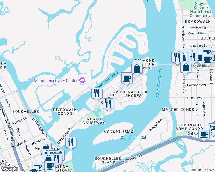 map of restaurants, bars, coffee shops, grocery stores, and more near 251 The Middle Way in New Smyrna Beach