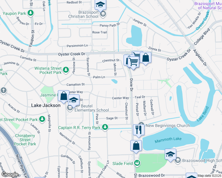 map of restaurants, bars, coffee shops, grocery stores, and more near 56 North Shamrock Court in Lake Jackson