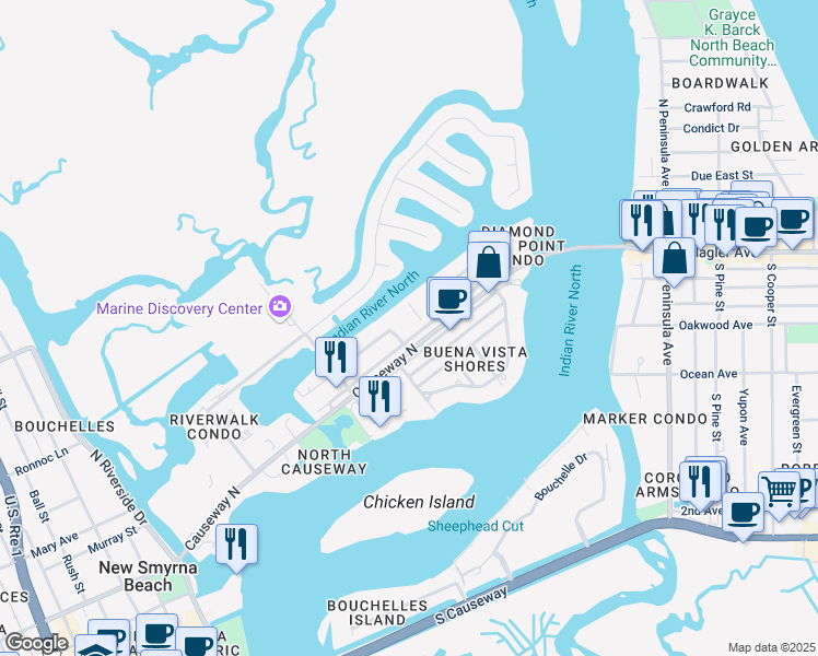 map of restaurants, bars, coffee shops, grocery stores, and more near 315 North Causeway in New Smyrna Beach