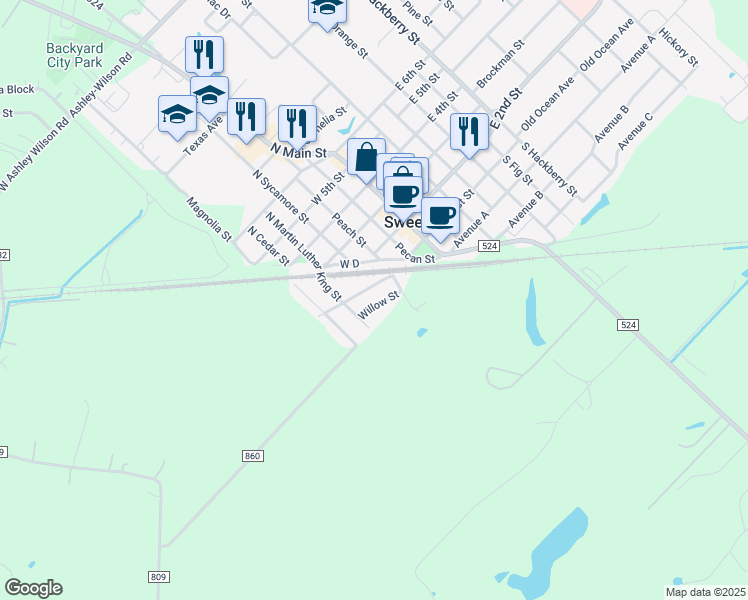 map of restaurants, bars, coffee shops, grocery stores, and more near 314 Willow Street in Sweeny