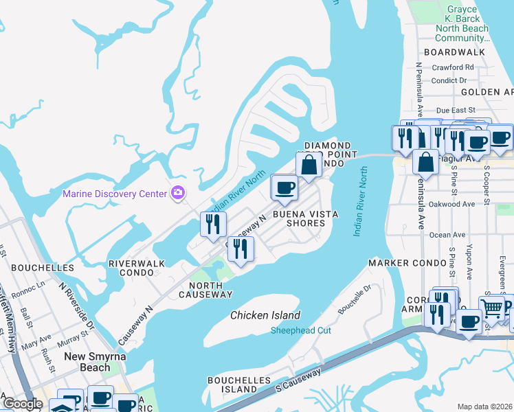 map of restaurants, bars, coffee shops, grocery stores, and more near 315 East Circle Drive in New Smyrna Beach