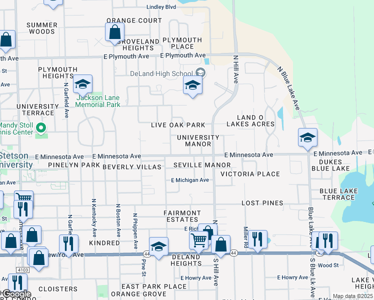 map of restaurants, bars, coffee shops, grocery stores, and more near 508 Camelia Lane in DeLand