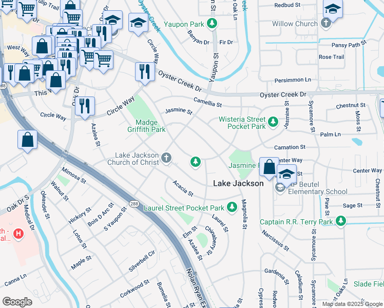 map of restaurants, bars, coffee shops, grocery stores, and more near 417 Winding Way Street in Lake Jackson