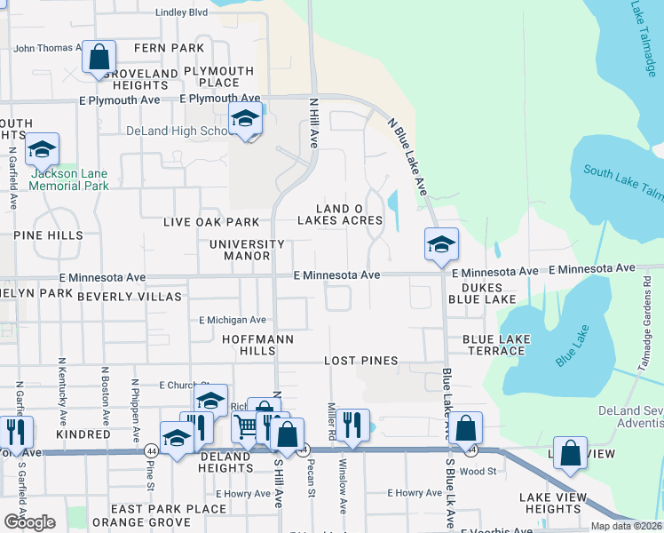 map of restaurants, bars, coffee shops, grocery stores, and more near 400 Berwick Circle in DeLand