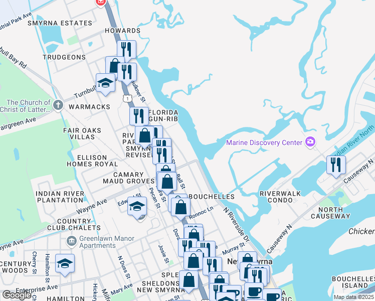 map of restaurants, bars, coffee shops, grocery stores, and more near 101 Wayne Avenue in New Smyrna Beach