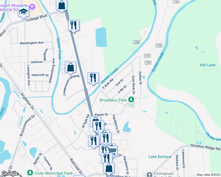 map of restaurants, bars, coffee shops, grocery stores, and more near 1124 2nd Street in Clute