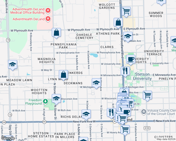 map of restaurants, bars, coffee shops, grocery stores, and more near 518 North Delaware Avenue in DeLand
