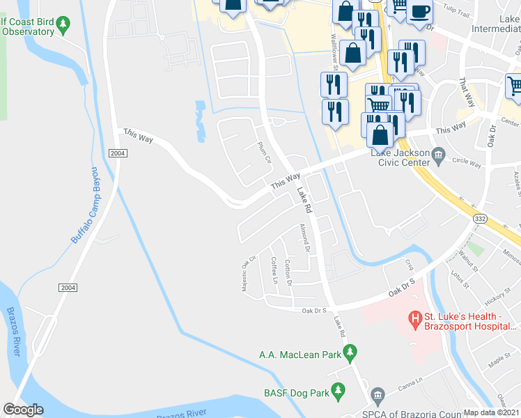 map of restaurants, bars, coffee shops, grocery stores, and more near 211 Mango Street in Lake Jackson