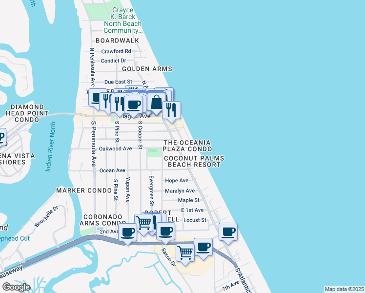 map of restaurants, bars, coffee shops, grocery stores, and more near 822 Carol Avenue in New Smyrna Beach