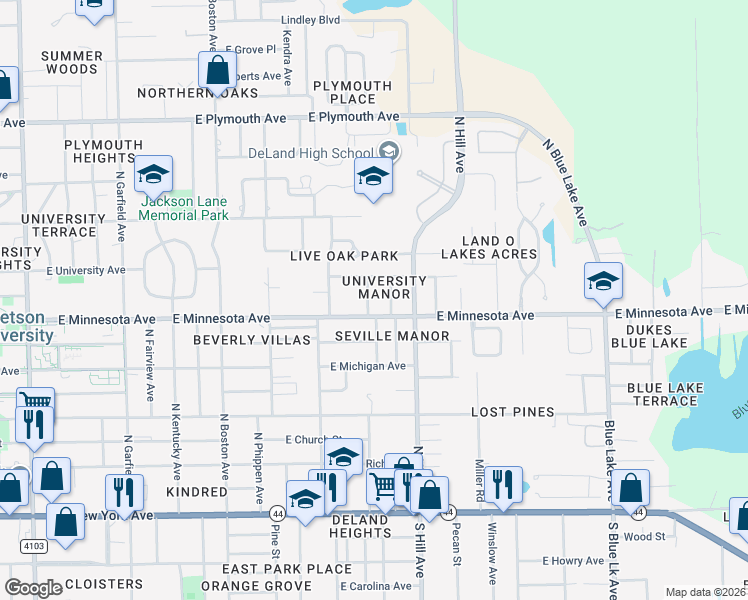 map of restaurants, bars, coffee shops, grocery stores, and more near 442 North Virginia Avenue in DeLand