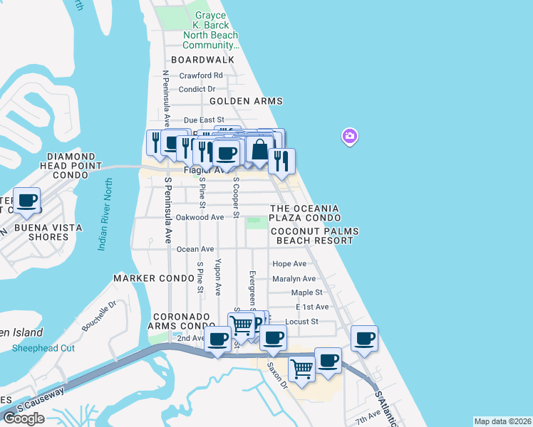 map of restaurants, bars, coffee shops, grocery stores, and more near 430 Cedar Avenue in New Smyrna Beach