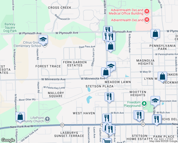 map of restaurants, bars, coffee shops, grocery stores, and more near 513 Walking Fern Loop in DeLand