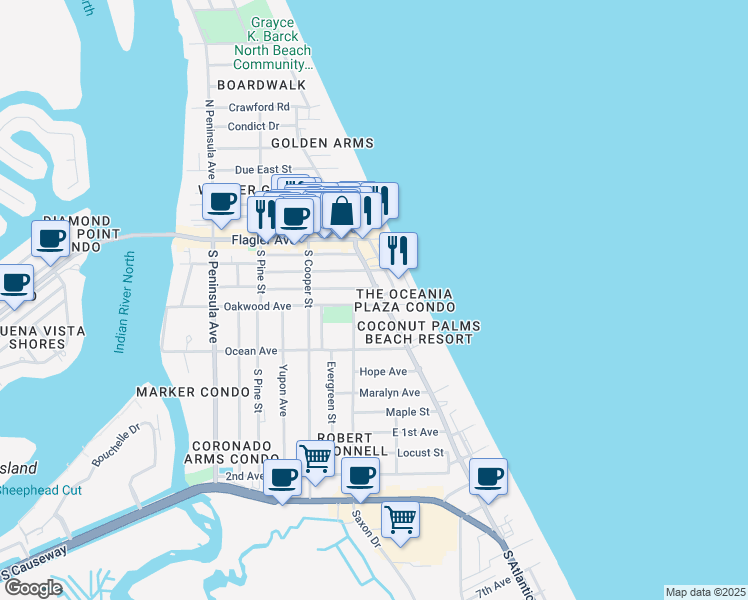 map of restaurants, bars, coffee shops, grocery stores, and more near 810 Oakwood Avenue in New Smyrna Beach