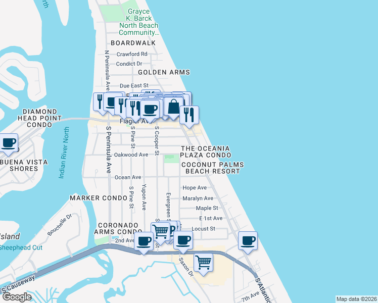 map of restaurants, bars, coffee shops, grocery stores, and more near 430 Cedar Avenue in New Smyrna Beach