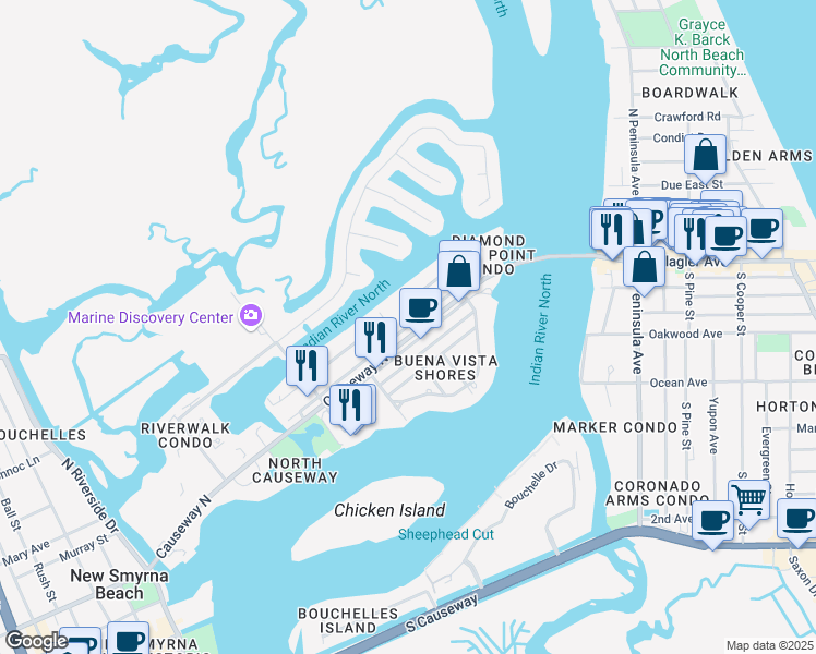 map of restaurants, bars, coffee shops, grocery stores, and more near 335 North Causeway in New Smyrna Beach