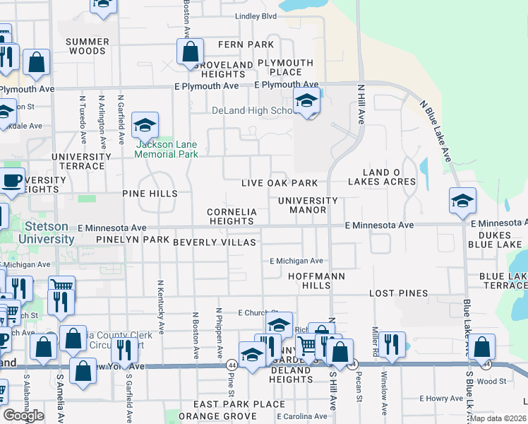 map of restaurants, bars, coffee shops, grocery stores, and more near 915 East University Avenue in DeLand