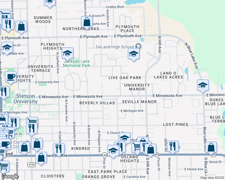 map of restaurants, bars, coffee shops, grocery stores, and more near 851 East Minnesota Avenue in DeLand
