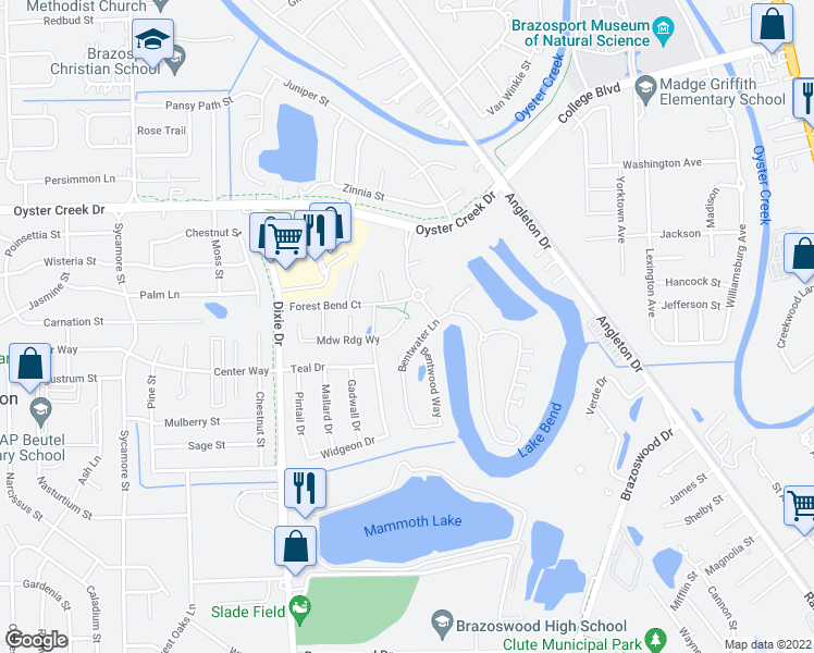 map of restaurants, bars, coffee shops, grocery stores, and more near 203 Meadow Ridge Way in Clute