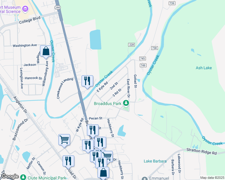 map of restaurants, bars, coffee shops, grocery stores, and more near 1165 2nd Street in Clute