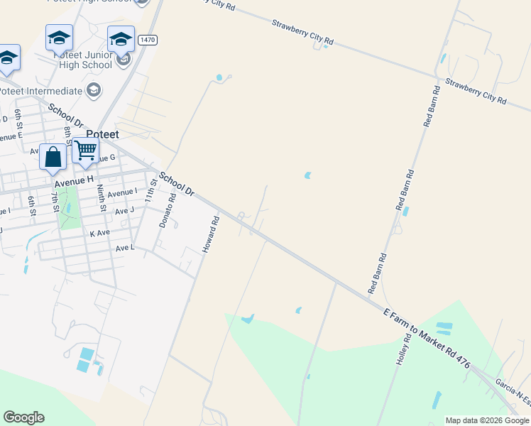 map of restaurants, bars, coffee shops, grocery stores, and more near 1889 Farm to Market Road 476 in Poteet