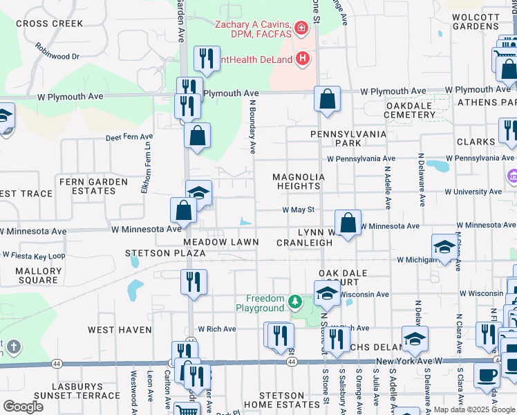 map of restaurants, bars, coffee shops, grocery stores, and more near 845 West May Street in DeLand