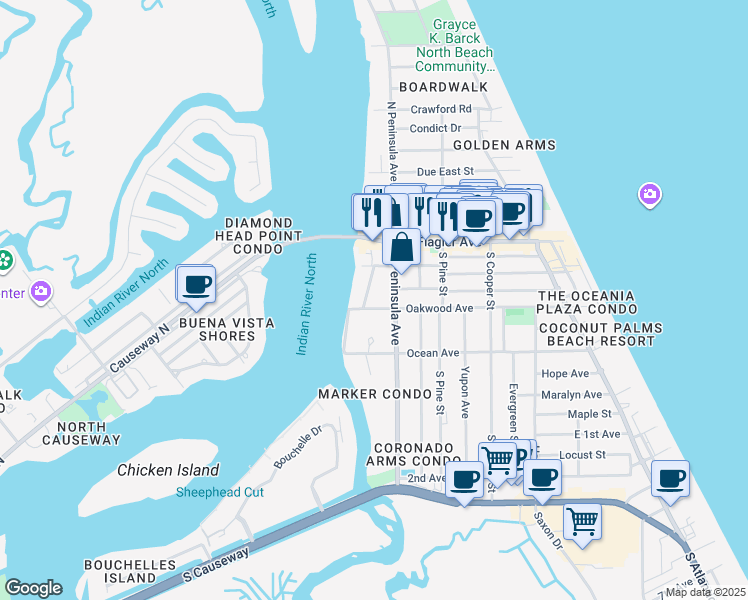 map of restaurants, bars, coffee shops, grocery stores, and more near 211 Canova Drive in New Smyrna Beach