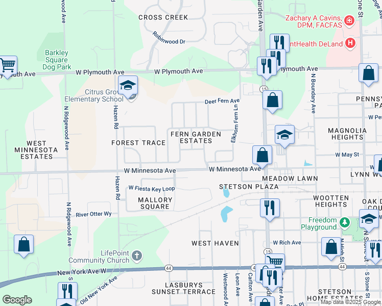 map of restaurants, bars, coffee shops, grocery stores, and more near 508 Bramble Fern Avenue in DeLand